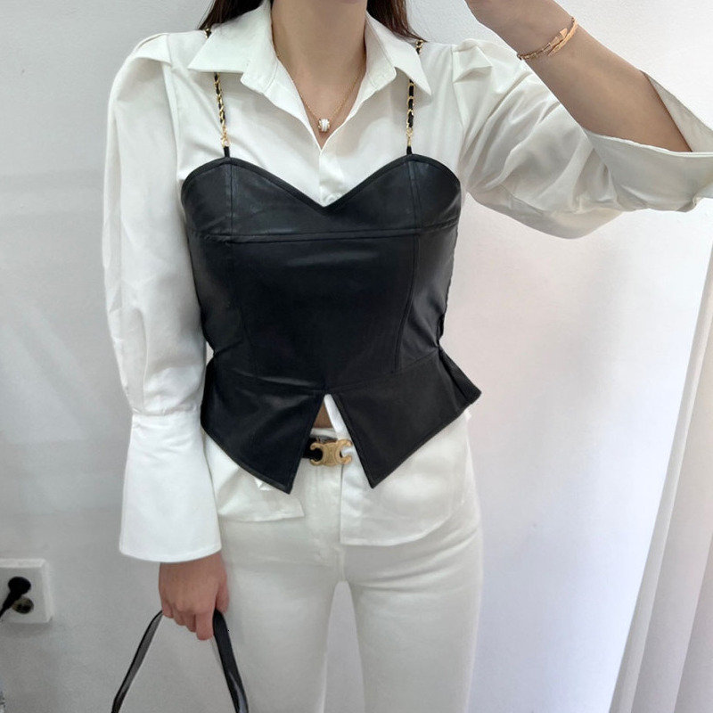 Elegant OL Style Shirt And PU Leather Vest Two-Piece Set Women's Fashion Design Turn-down Collar Trendy Autumn Collection - view 6