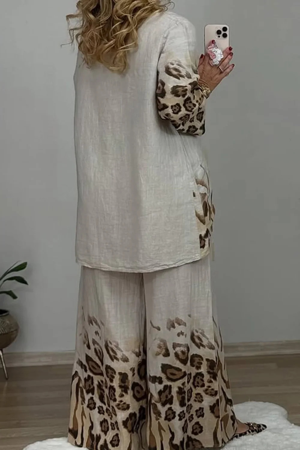 Women Casual Leopard Printed Plus Size Two Piece Pant Set Round Neck Vintage Long Sleeve Matching for Autumn 260928 - view 4