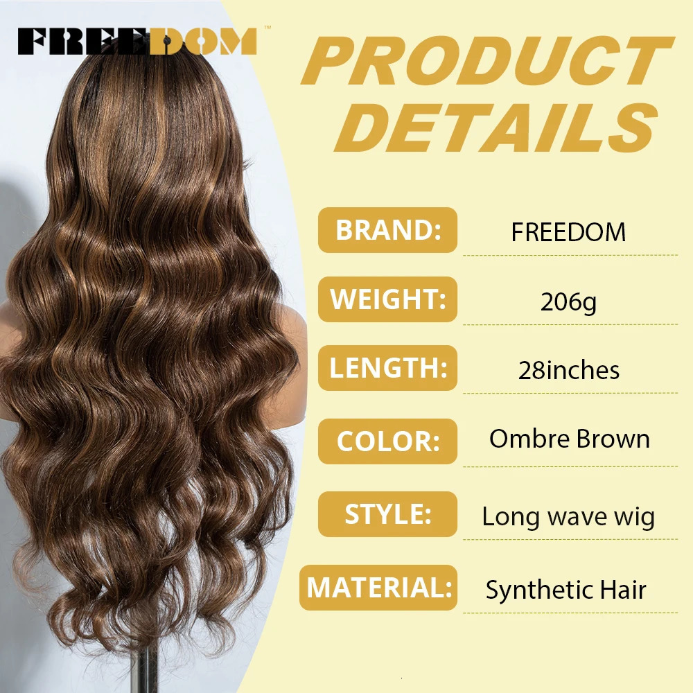 FREEDOM Synthetic Lace Wigs For Black Women 28inch Long Body Wave Middle Part Lace Wig With Bangs Ombre Blonde Brown Cosplay Wig 260922 - view 4