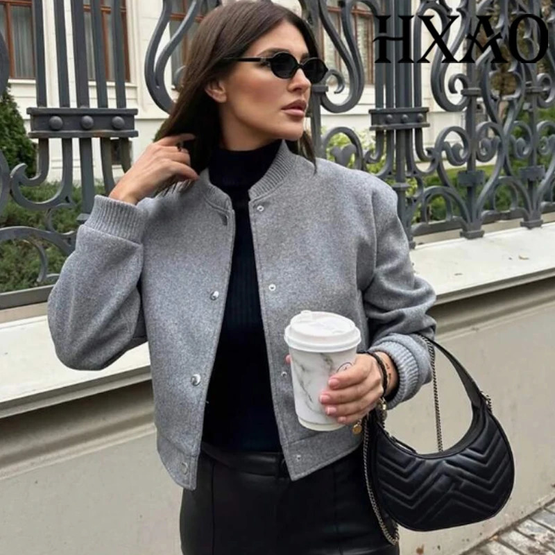 HXAO DemiSeason Women's Bomber Jacket Faux Wool Coats Cropped Long Sleeve Woman Outerwear Button 260920 - view 4