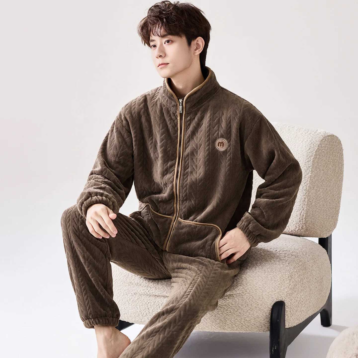 Lounge Women's Sleep Winter men pajamas thick flannel pyjamas male with zipper coral fleece cardigan men big yards 4XL sleep tops+long pants 2pcs - view 5