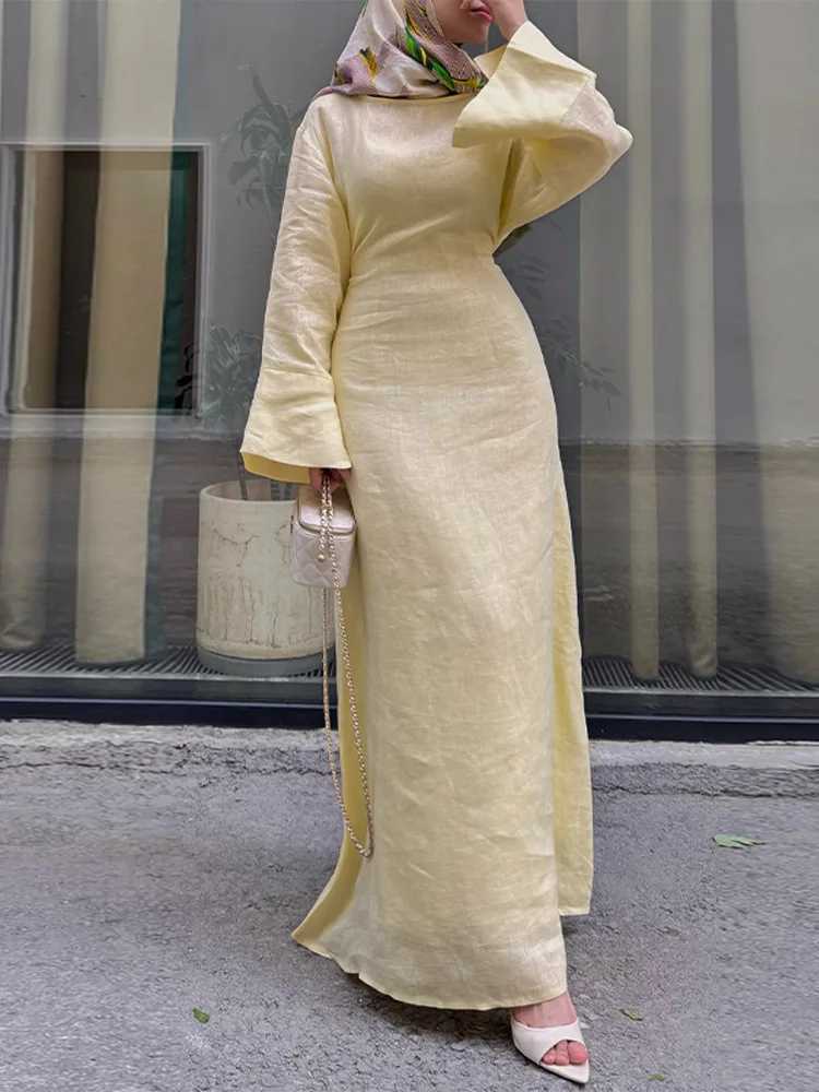 Sleep Lounge Women's Women' Dresses Elegant O-Neck Cotton Lined Back Lace Up Flare Sleeve Waist Cinching Long Robes Female Summer Lady Dress