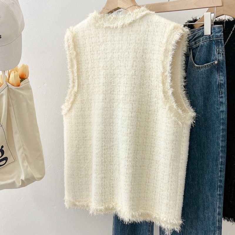 Women's Knitted Vest Pure Color Frayed Slimming Versatile Top Spring Autumn Small Fragrance Style Workwear Outerwear - view 4