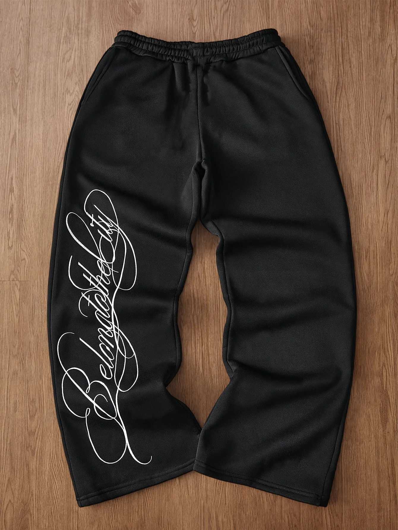 Men's Pants 2026 Men's Black Letter-printed Trousers Pure Cotton Straight-leg Pants Casual Elastic Waist Jogger Pants D260924 - view 7