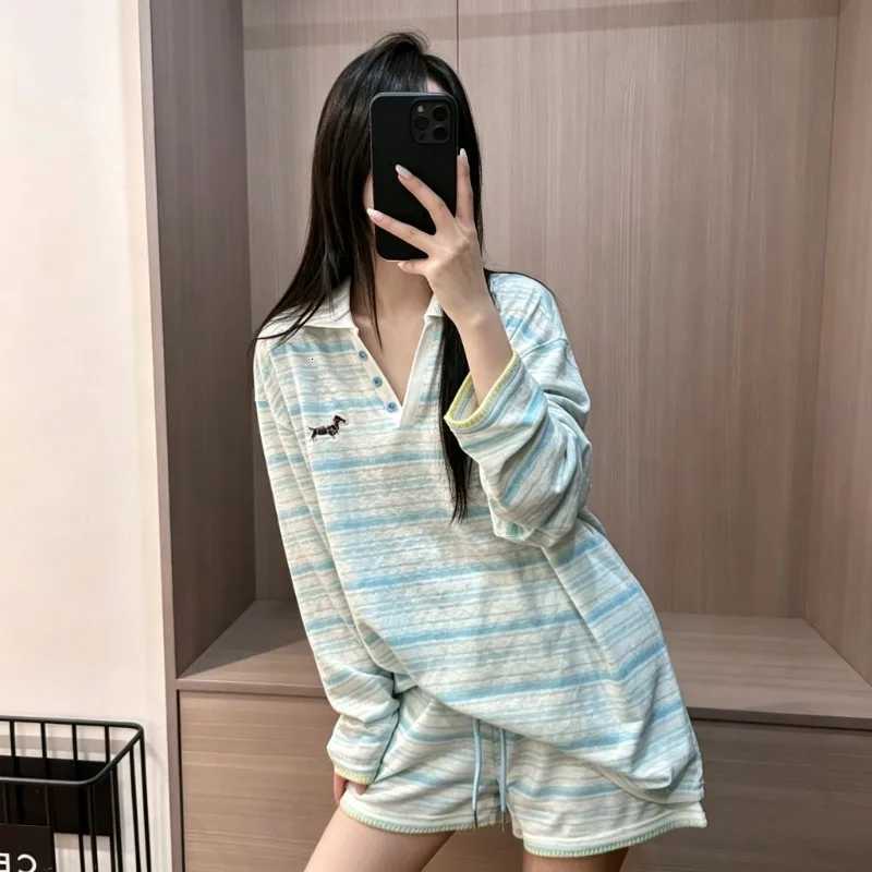 Women's Sleep Lounge Light Blue Striped Pajama Set Summer Thin Long Sleeve Shorts Dachshund Dog Print Women's Pajama Casual Ladies Daily Sle - view 6