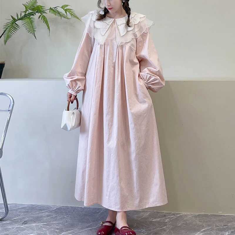 Lounge Women's Sleep Japanese Sweet Mori Girl Peter Pan Collar Patchwork Long Dress Women Spring Autumn Solid Color Long Sleeve Casual Loose Dres