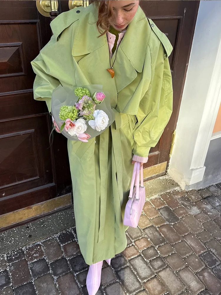 Fashion Green Lapel Loose Coat Chic Women Lace-up Detail Long Sleeve Jacket Casual Lady Commuting Street Windbreakers 2026 260924 - view 3