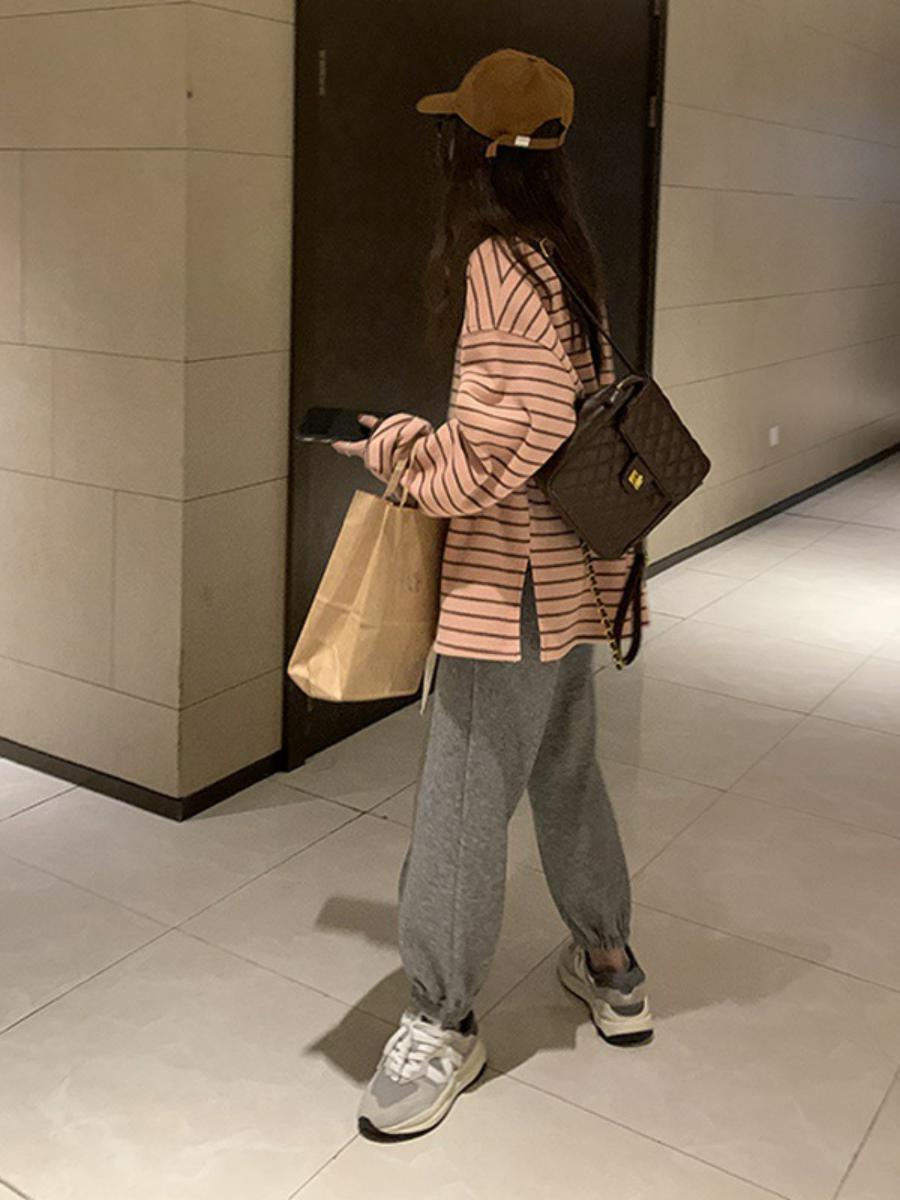 Pink Striped Long Sleeve Loose Fit Thin round Neck T-Shirt Women's Autumn New Commute Style Other Material 100% - view 4