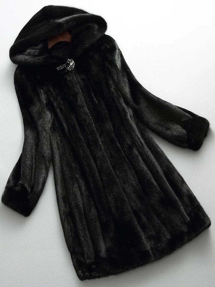 Lautaro Winter y Long Black Faux Mink Fur Coat Women with Hood Long Sleeve Elegant Thick Warm Fluffy Furry Jacket 6xl 7xl 260922
