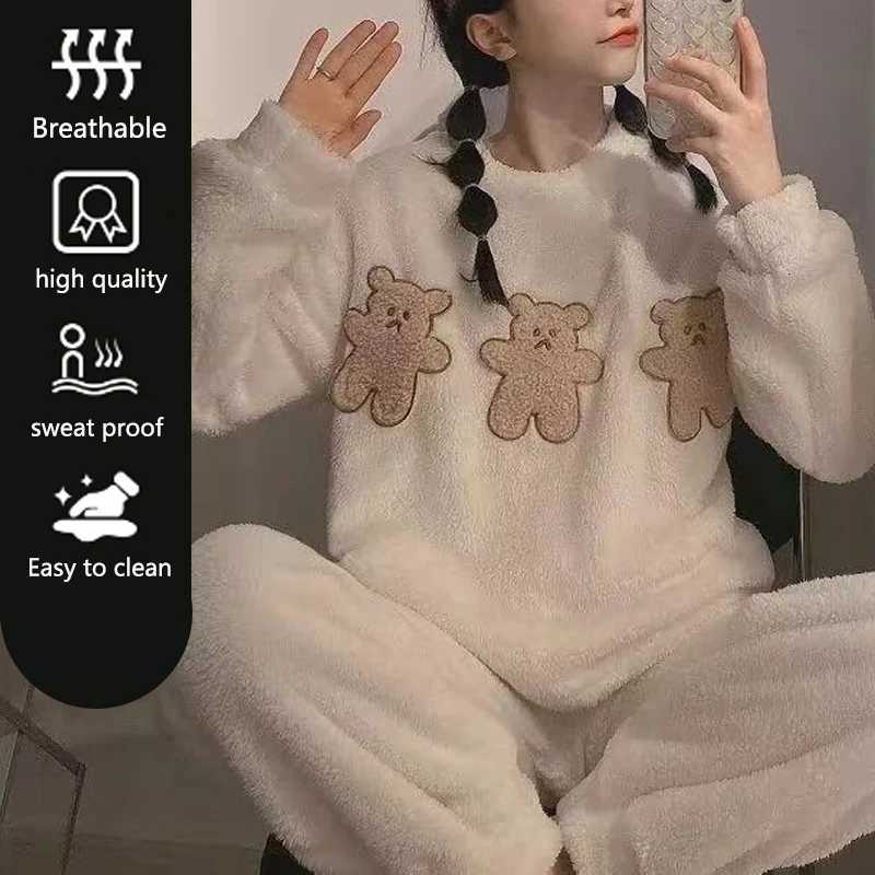 Women's Sleep Lounge 2pcs/Set Women's Pajamas Winter Facecloth Long-Sleeved Padded And Thickened Warm Student Pajamas Homewear Suit Bear Gir - view 4