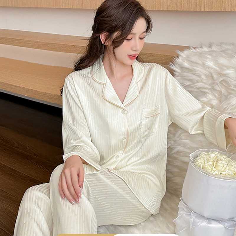 Sleep Lounge Women's Women's Ice Silk plus Size Long-Sleeve Top And Pants Set Comfortable Loose-Fit Stylish Loungewear OutfitC260924