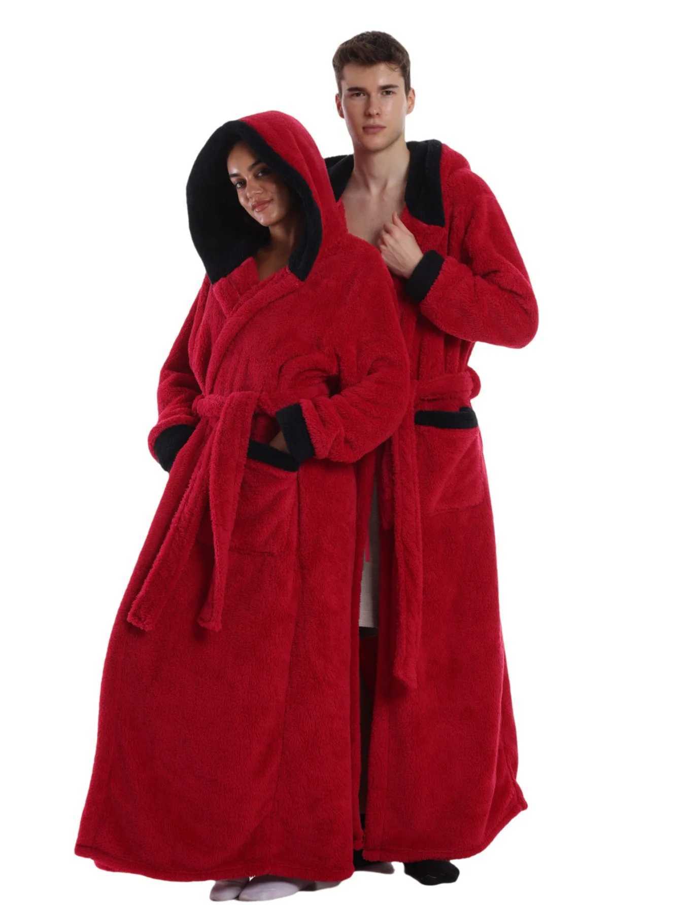 Sleep Lounge Women's New Winter Hooded Bathrobes Gown For Coulpe Warm Flannel Sleepwear Women Long Nightgown Solid Color Robes Men Loungewear Paj - view 3