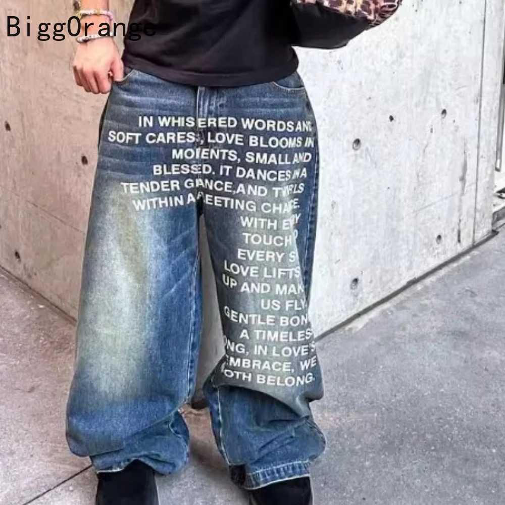 Men's Jeans 2025 American Fashion Jeans Letter Pattern High Street Casual Wide Legs Y2K Men's RETRO GoTHic Trendy Casual Pants H260924 - view 7