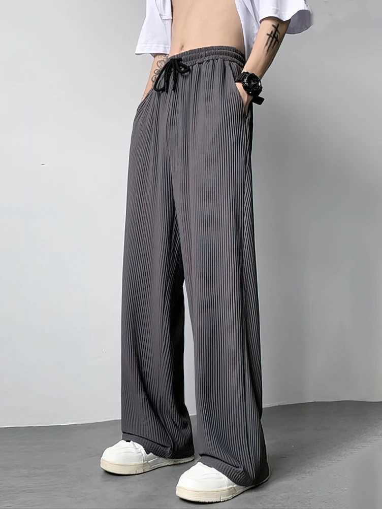 Men's Pants Summer Straight Ice Silk Casual Pants Men High Waist Pleated Long Trousers Thin Sport Wide leg Sweatpants Male Baggy D260924