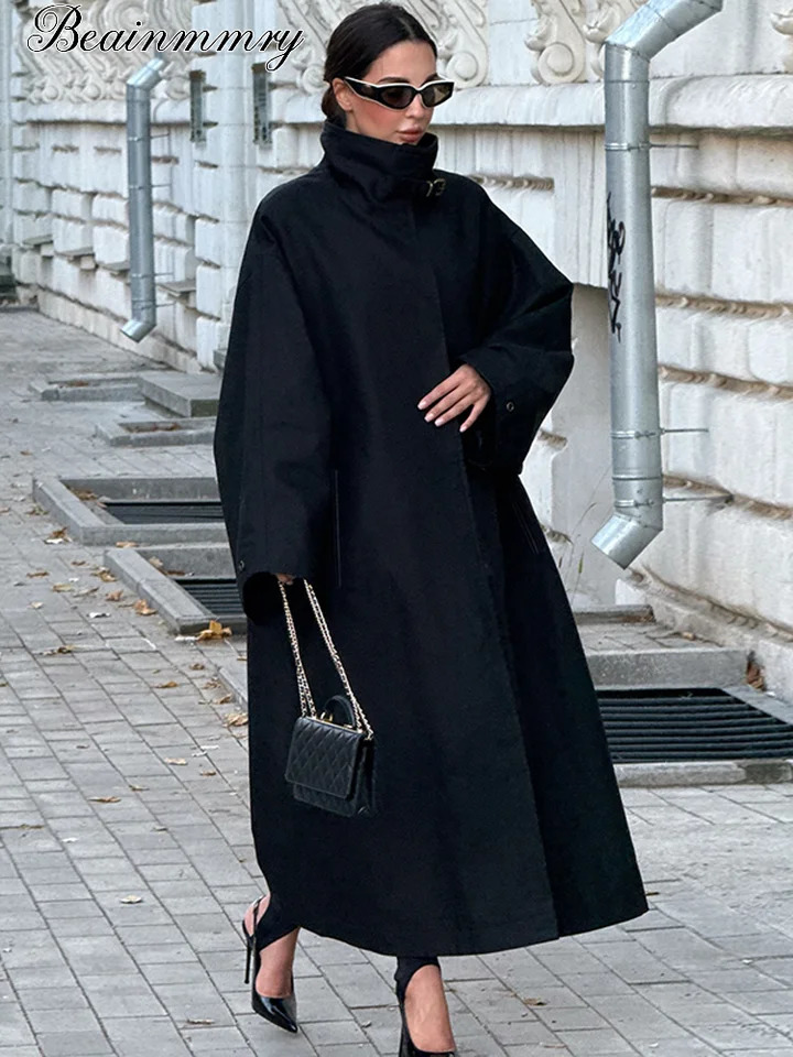 Women Black Long Solid Color Trench Coat Stand Collar Loose Drop Shoulder Single-breasted Windbreaker Lady Commute Outing Wear 260924 - view 3