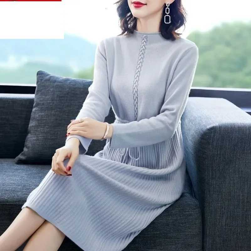 Lounge Women's Sleep Woolen Sweater Dress Mid to Long Women's Autumn And Winter Drawstring tie Waist Cinching Slimming Effect Base Knit Wool - view 5