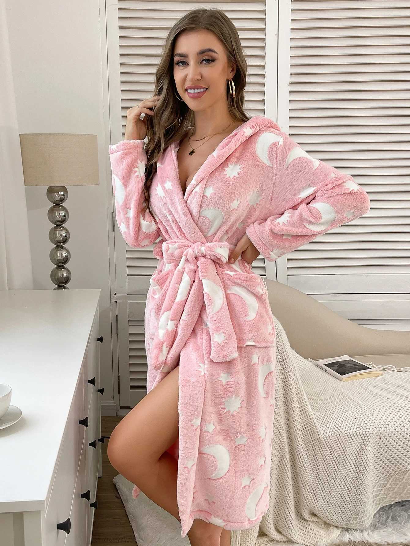Sleep Lounge Women's Women Cartoon Print Hooded Flannel Bathrobe Belted Wrap Robe With Pockets Autumn Winter Warm Loungewear Sleepwear NightgownC - view 4