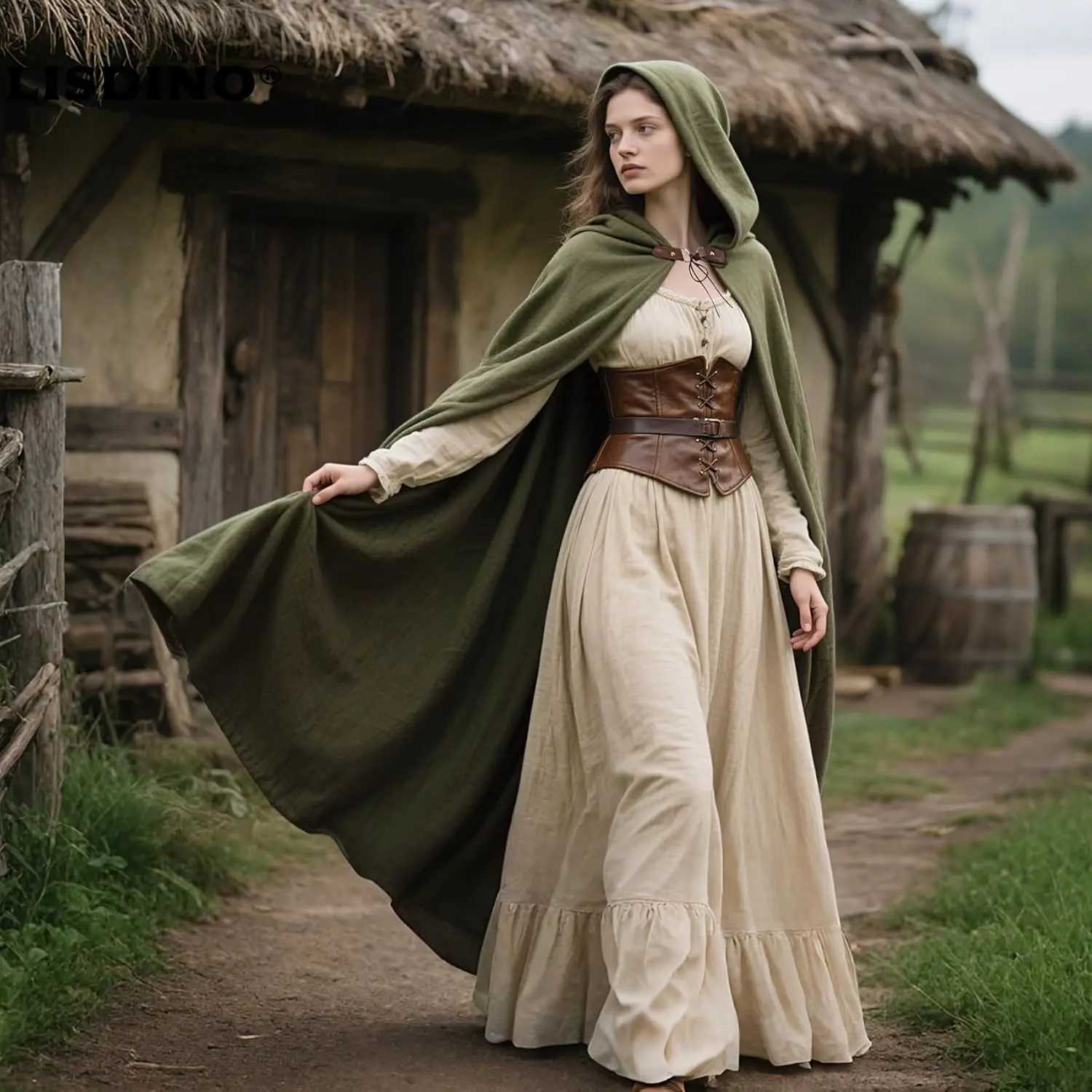 Sleep Lounge Women's LisdinoL'VOW Medieval Hooded Cloak Linen Renaissance Cape With Hood - Halloween Hobbit Cosplay Witch Wizard LARPC260924 - view 3