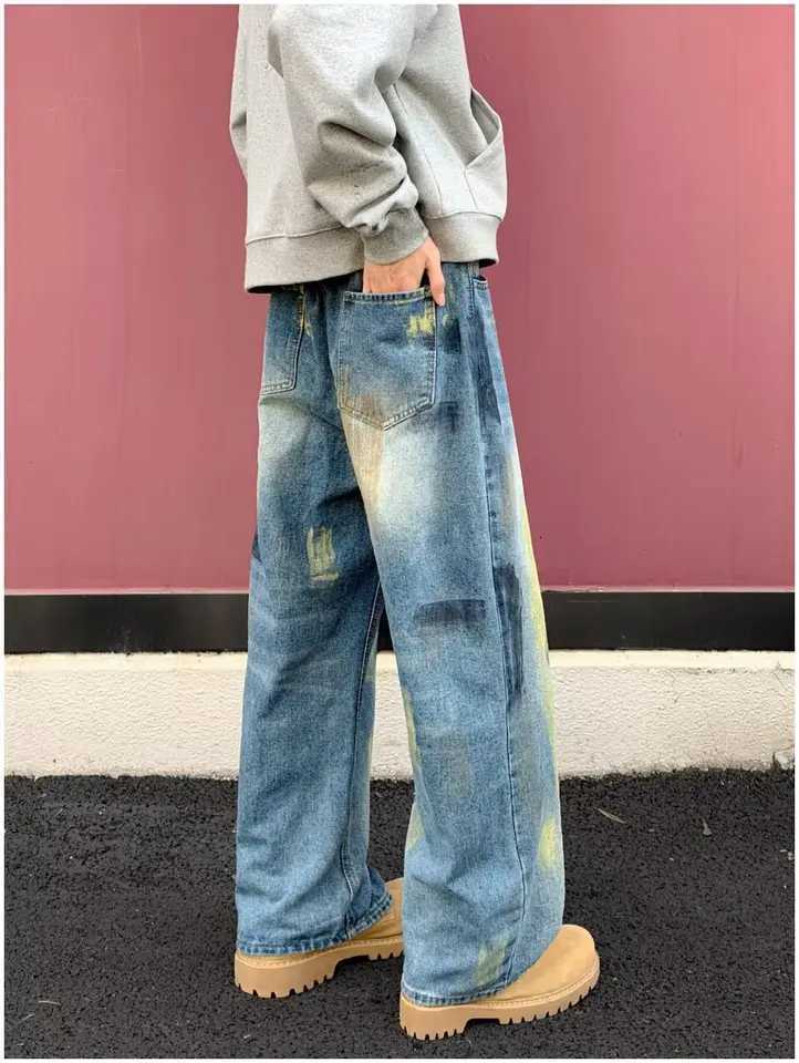 Men's Jeans American Retro Distressed Tie Dye Wide Leg Jeans Men's Loose Floor-Length Straight Cut Denim Pants Vintage American Hip Hop H260 - view 4