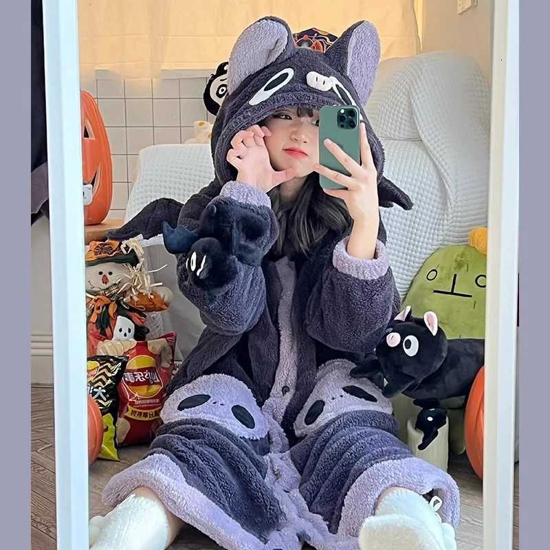 Sleep Lounge Women's Winter Pajamas For Women Cartoon Hooded Long Robe Cute Nightgown Sleepwear Bat Animal Kawaii Flannel Warm Comfy Lounge Bathr