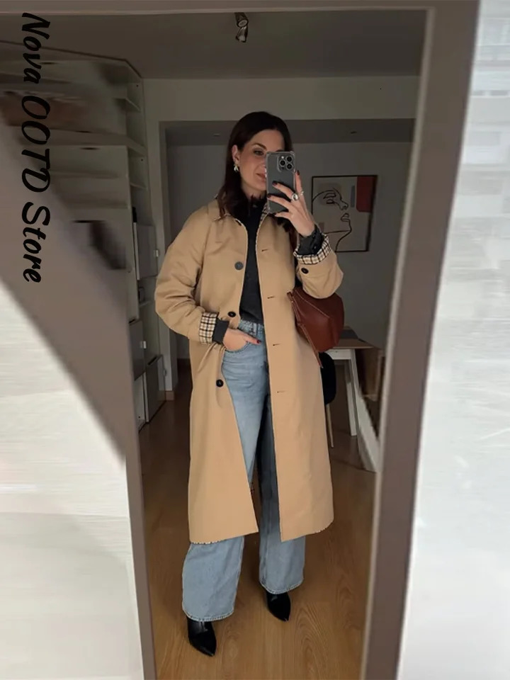 Fashion Reversible Plaid Long Trench Coat Women Single Breasted Long Windbreaker 2026 Spring Lady Classic Street Outwear 260924 - view 4