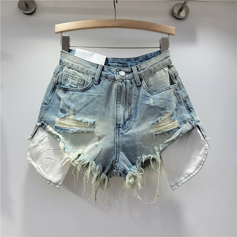 2026 Summer New Women's Pink Hole Denim High Waist Slimming Spicy Girl A-line Ragged Edge Shorts - view 3