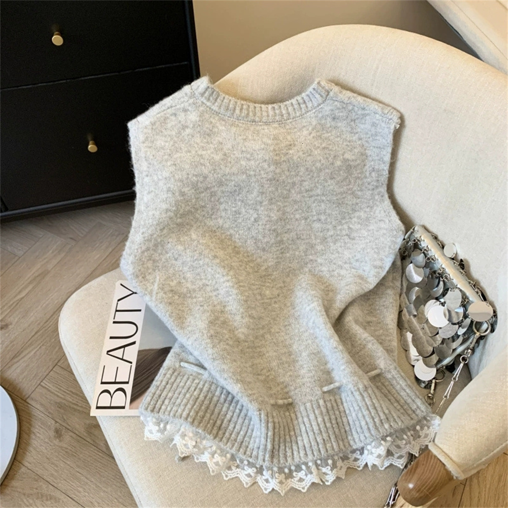 2026 Korean Fashion O Neck Solid Spliced Lace Strap Sweater Loose Casual Soft Preppy Style Outwear Vest for Women tops - view 6
