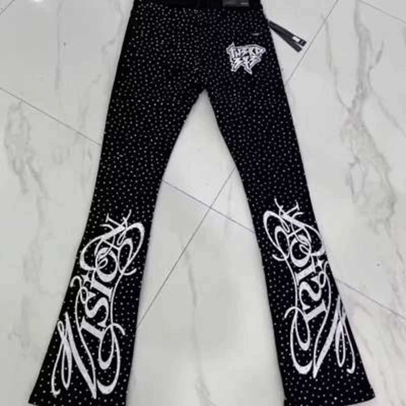 Men's Jeans Punk Flame Streetwear Solid Casual Denim Trousers Stage Dancing Rhinestone Print Washed Black Baggy Jeans HipHop Casual Denim Pa H260 - view 6