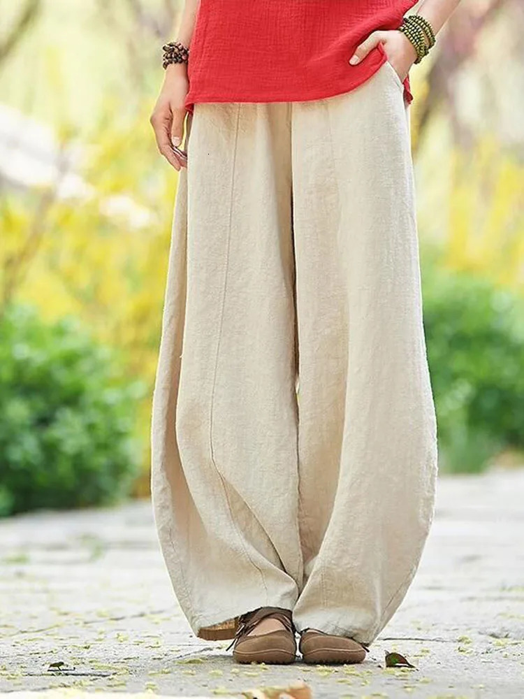 Cotton Linen Bloomers Wide Leg Pants Women Vintage Full Length Fashion Elegent Solid Elasitic Waist Spring Autumn 5XL 260928 - view 3