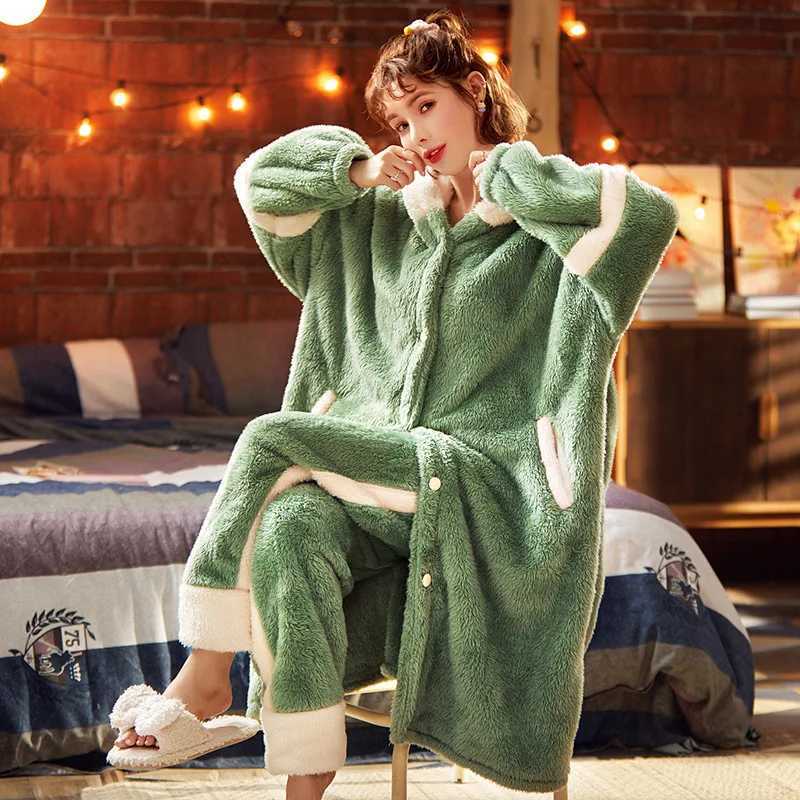 Lounge Women's Sleep Sweet Women Bathrobe Autumn Winter Thick Hooded Flannel Ladies Robe Fleece Girls Cute Long Dressing Gown for Female Homewear - view 5