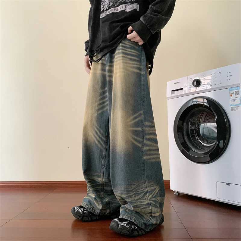 Men's Jeans Fashion Blue Tie-dye Wide-leg Jeans Men Distressed Baggy Straight Denim Pants Men High Street Jean Pants Mopping Trousers H260924 - view 4