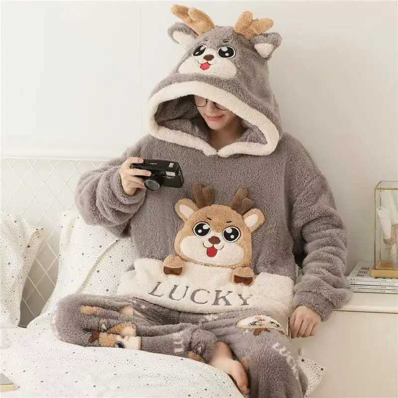 Lounge Women's Sleep Cute Fleece Pajamas For Men Thick Plush Hooded Pyjamas Winter Male Sleepwear Coral Velvet Warm Flannel Home Pants Clothes Pi - view 7
