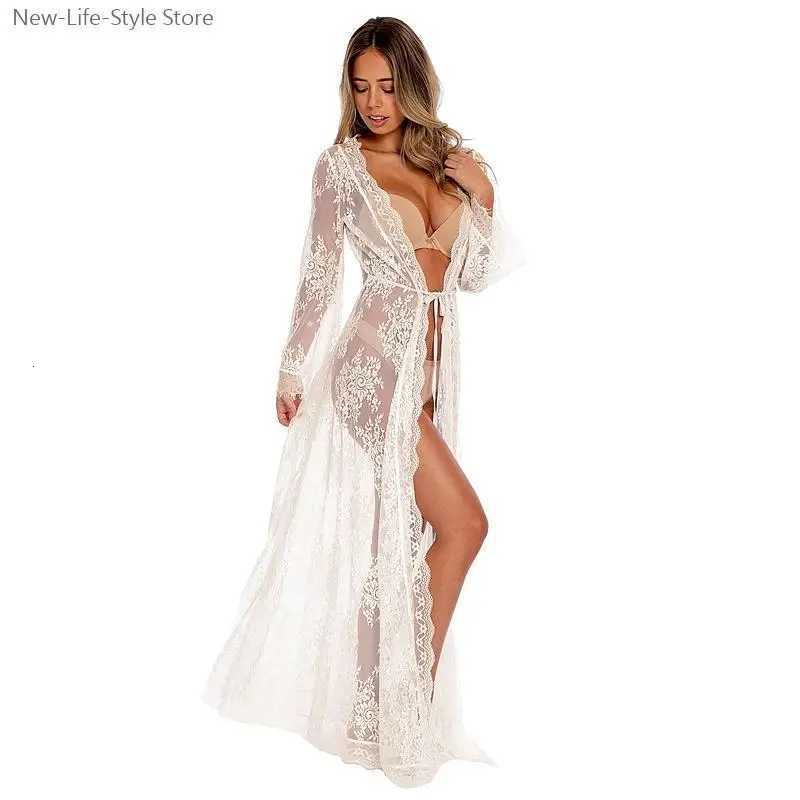 Lounge Women's Sleep White Lace Sheer Long Nightgown Women's Bridesmaid Robe Sexy Kimono Style Sleepwear Femme Bathrobe Bride Sexy Lingerie  - view 5