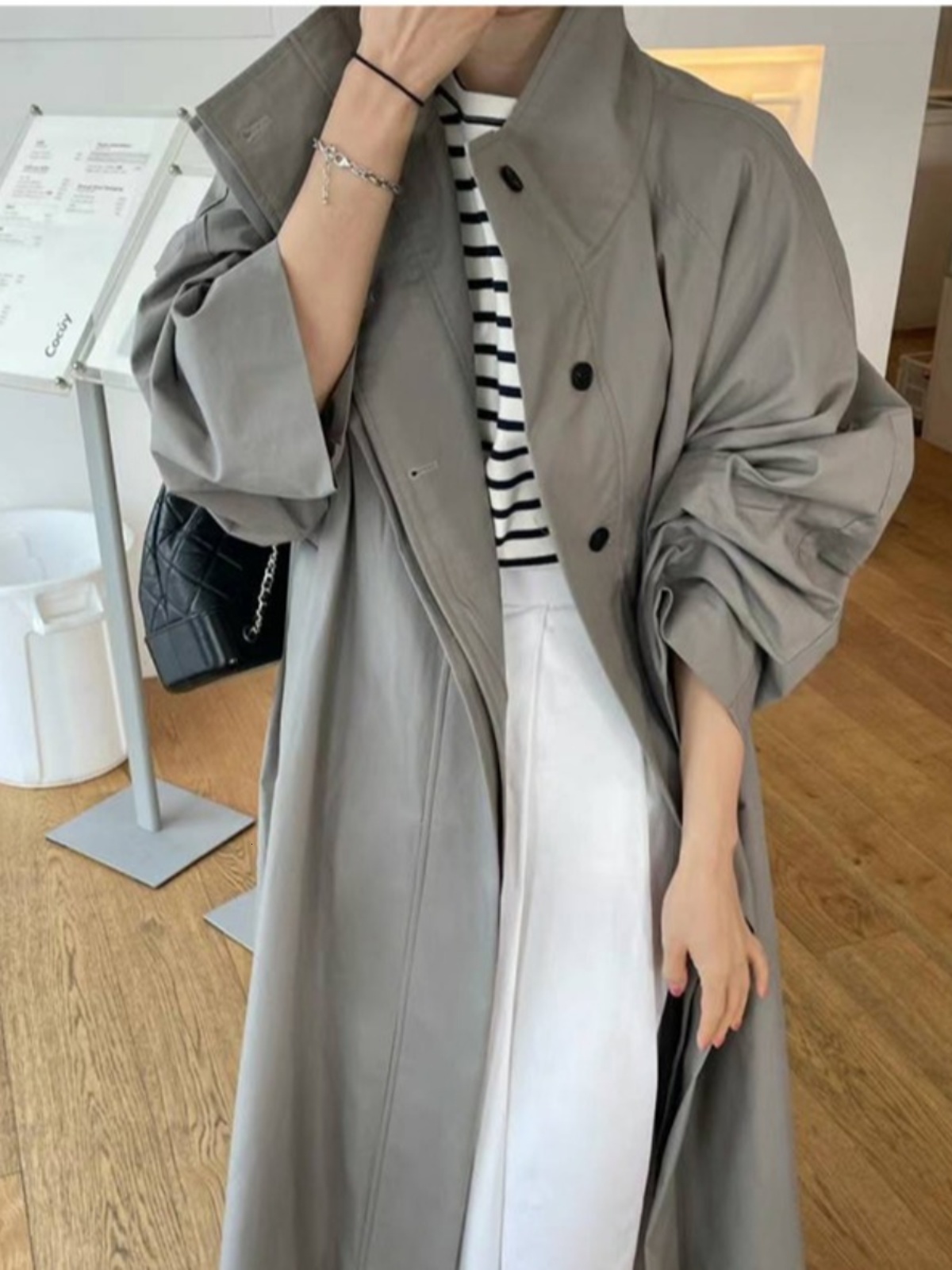 Long Jacket Women's Autumn New Fashion Casual Design Collar Stand-Up Belted Coat Korean Style Loose Fit Single Button - view 5