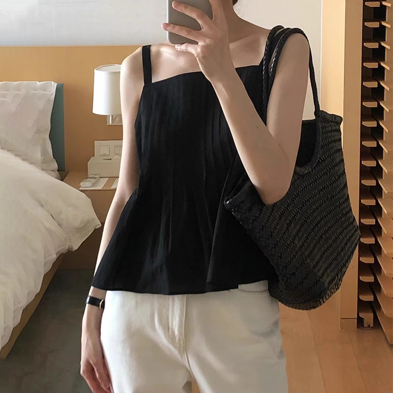 Black Sleeveless Pleated Square Collar Strap Vest Women's Summer 2026 New Short Versatile Unique Top Commute Style Pure ... - view 6