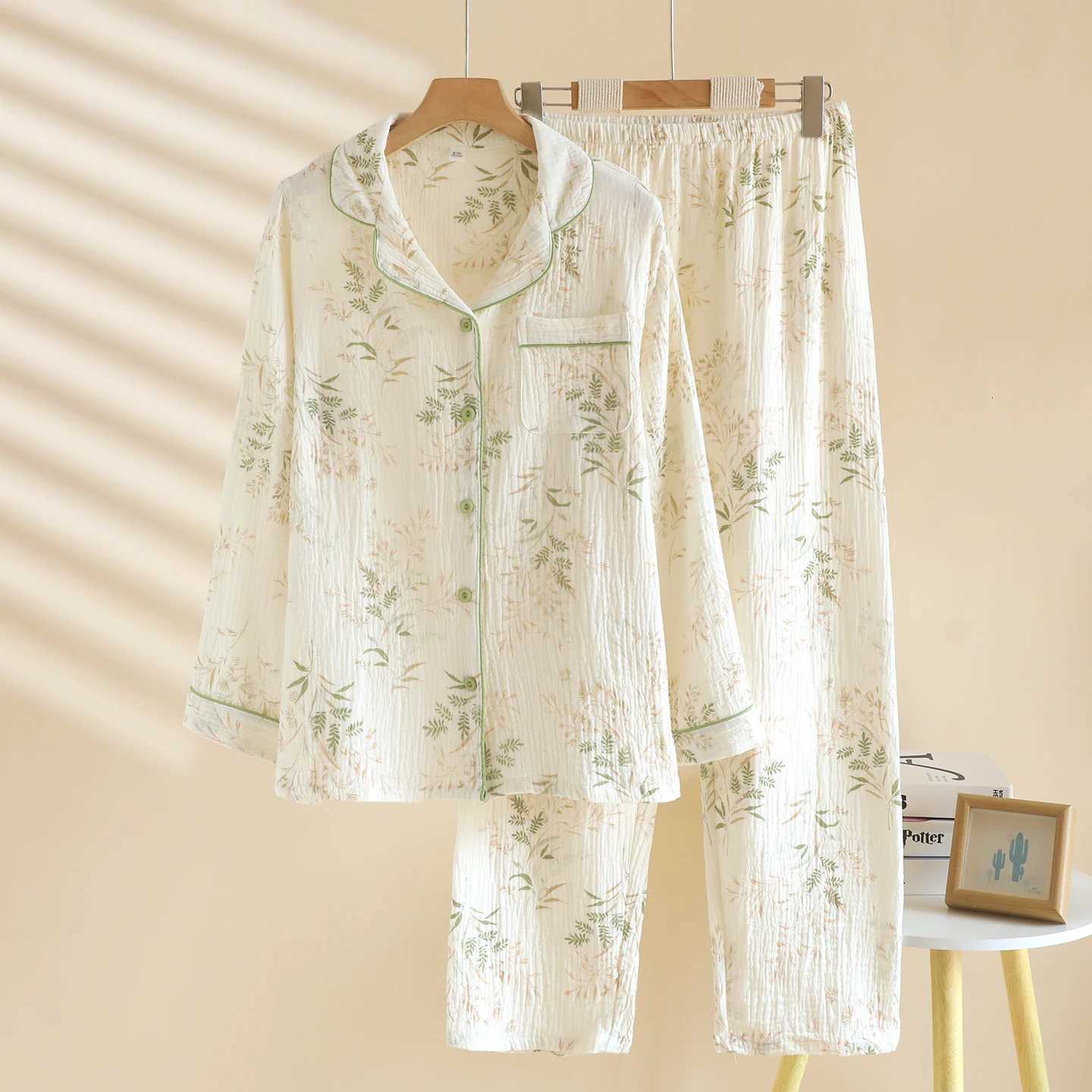 Women's Sleep Lounge Women's Japanese Minimalist Pajama Set - Double Gauze Cotton Sleepwear Button-Down Collar Relaxed Fit Plus Size All-Sea