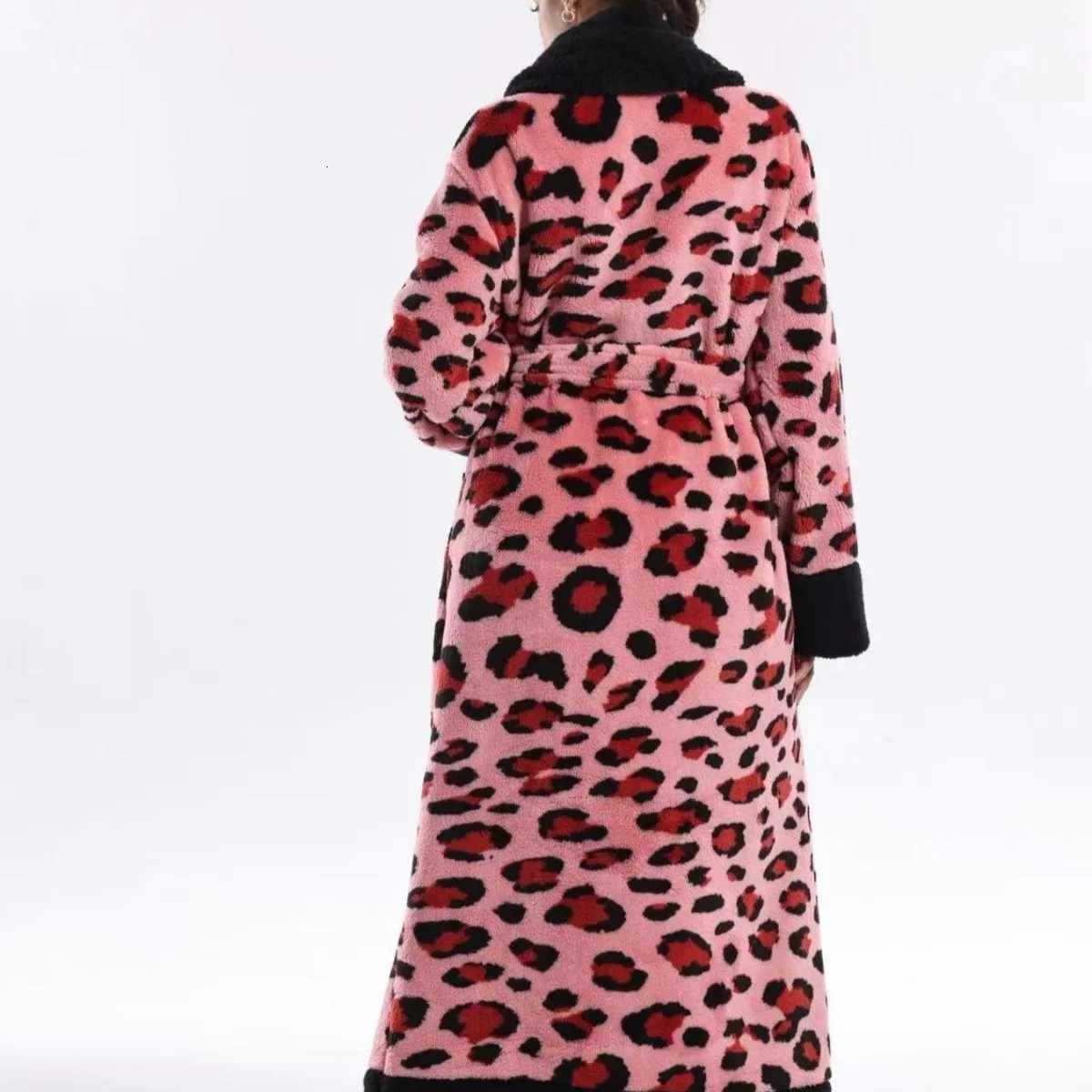 Lounge Women's Sleep Autumn Winter Leopard Print Coral Fleece Robe Sleepwear Thicken Flannel Bathrobe Nightwear Loose Casual Homewear LoungewearC - view 4