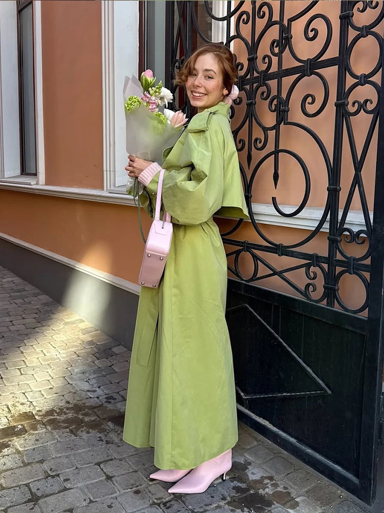 Fashion Green Lapel Loose Coat Chic Women Lace-up Detail Long Sleeve Jacket Casual Lady Commuting Street Windbreakers 2026 260924 - view 7