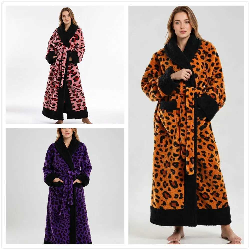 Lounge Women's Sleep Autumn Winter Leopard Print Coral Fleece Robe Sleepwear Thicken Flannel Bathrobe Nightwear Loose Casual Homewear LoungewearC