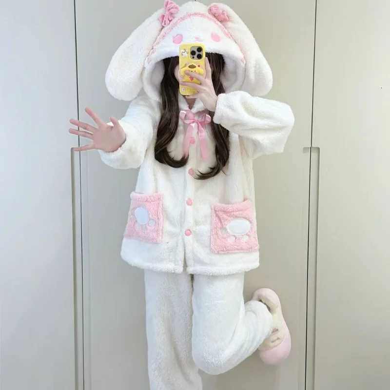 Lounge Women's Sleep New Winter Women's Pajamas Pants Sets Flannel Hooded Homewear 2Pcs Kawaii Rabbit Coral Fleece Outdoors Home Clothes War - view 4