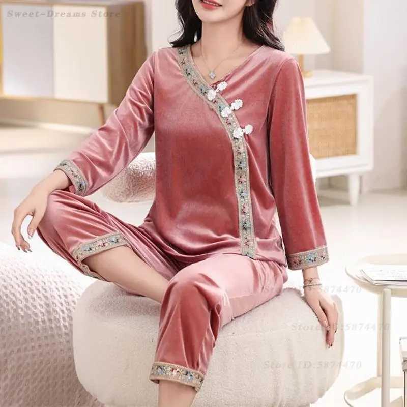 Women's Sleep Lounge Chinese Style Velvet Pajamas Set Autumn Winter New Sleepwear Women's Plus Size 6XL Pyjamas Suit Velour Home Clothes Lou - view 3