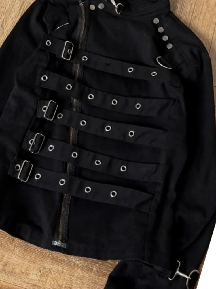Mens Jacket Dark Streetwear Strap Cargo Coat Harajuku Unisex Cropped Fit Metal Buckle Stand Collar Fashion Trend Arrival Coat 260922 - view 6