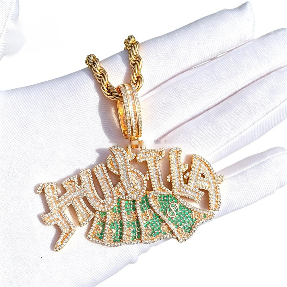 Hip Hop Hustle Dollar Pendant Necklace Men's and Women's Letter Pendant Inlaid with Moissanite RealGold Plated Trendy Jewelry - view 6