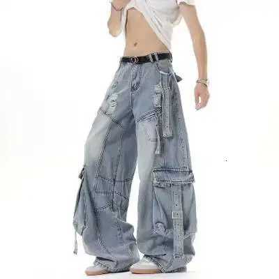 Men's Jeans American Style Men's Jeans Solid Color Multi Pockets Casual Worn-out Trousers Deconstruction Wide Leg Denim Pants H260924