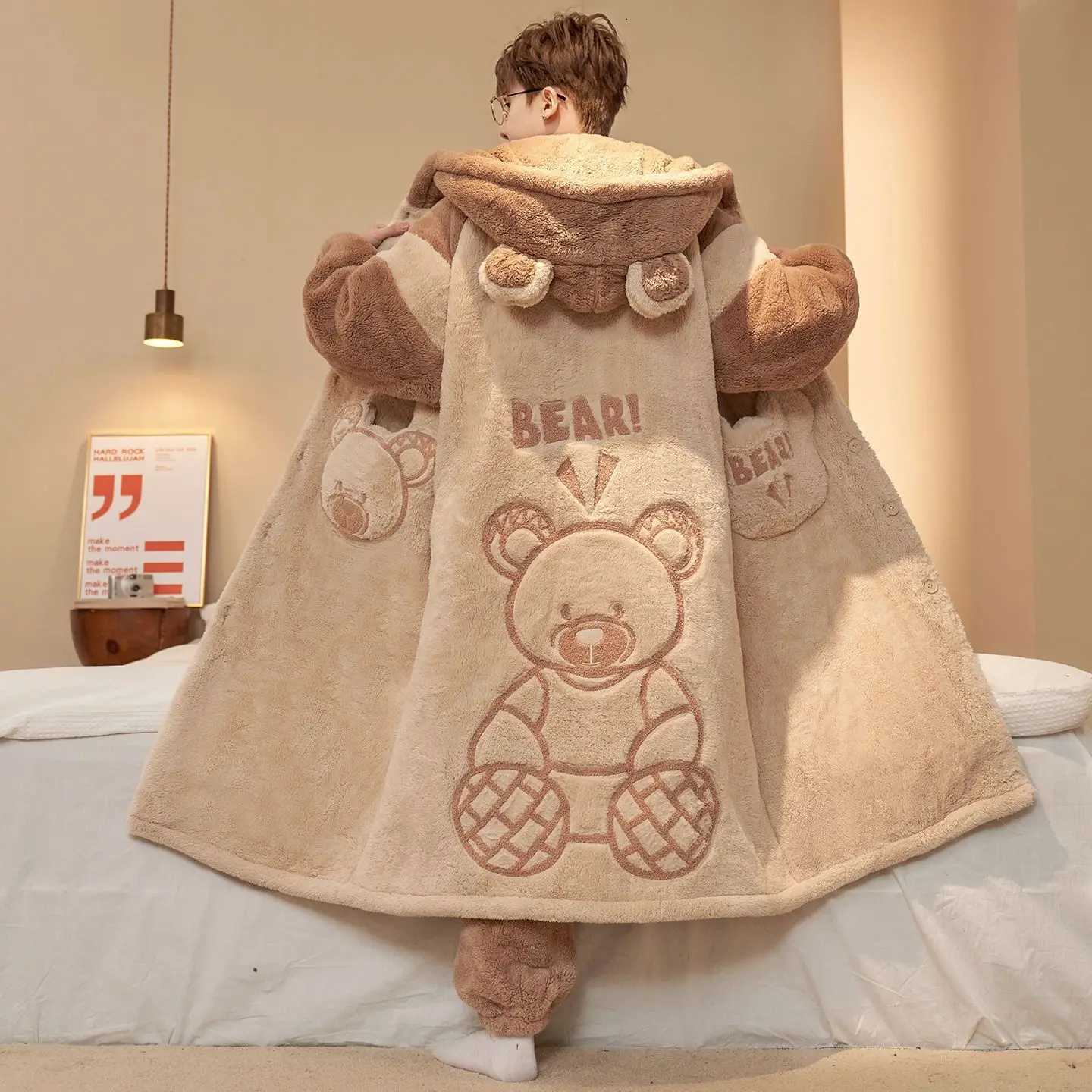Lounge Women's Sleep Monster Cute Fashion Hooded Plush Robe Pajamas Set Warm Flannel Loungewear Soft Home Sleepwear Men Boys Daily Casual Comfort - view 5
