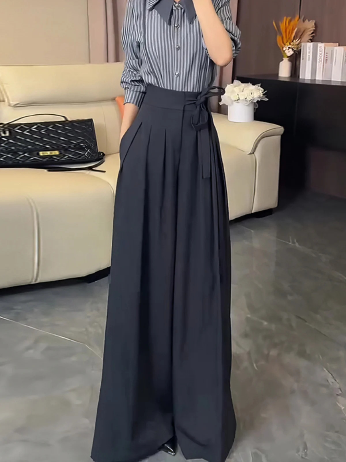 Korean Royal Sister Style Gray Suit Pants Women's High Waist Drape Strap n Wide Leg Trousers 260923 - view 3