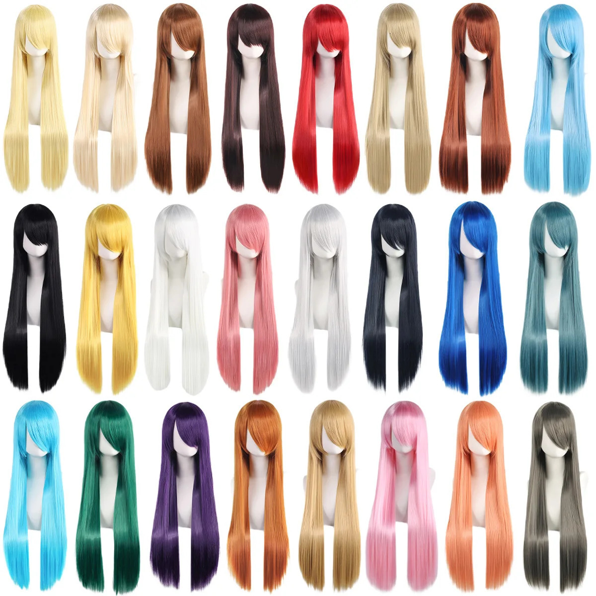 80cm Long Synthetic White Purple Cosplay Wigs Green Hair Straight Silver Wig Pink Hairpiece Lolita Wig with Bangs 260922