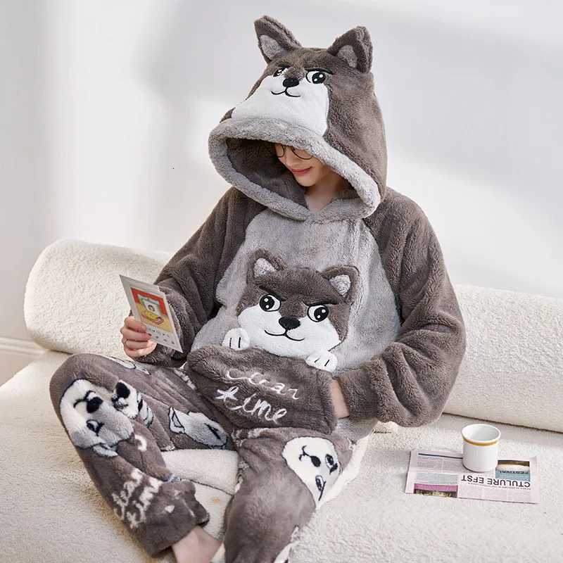Lounge Women's Sleep Cute Fleece Pajamas For Men Thick Plush Hooded Pyjamas Winter Male Sleepwear Coral Velvet Warm Flannel Home Pants Clothes Pi - view 6