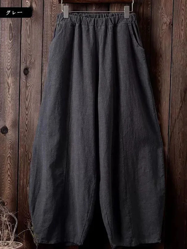 Cotton Linen Bloomers Wide Leg Pants Women Vintage Full Length Fashion Elegent Solid Elasitic Waist Spring Autumn 5XL 260928 - view 7