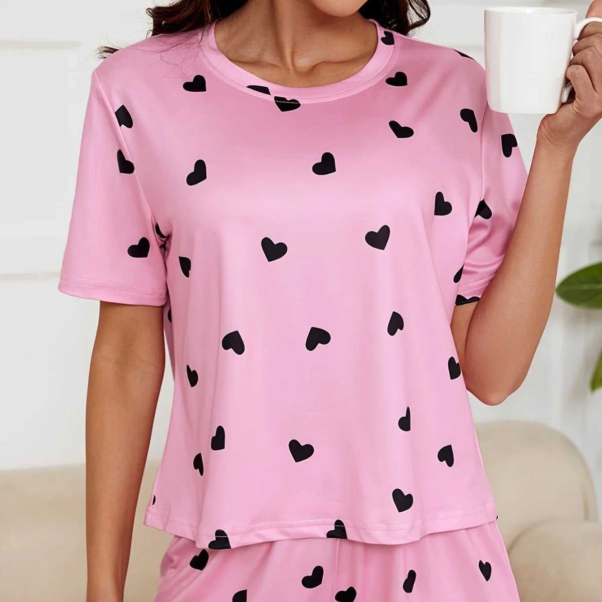 Women's Sleep Lounge American-Style New Women's Heart Print Knitted Fashion Soft Short-Sleeved Shorts Loungewear Set for Home Wear Summer At - view 4
